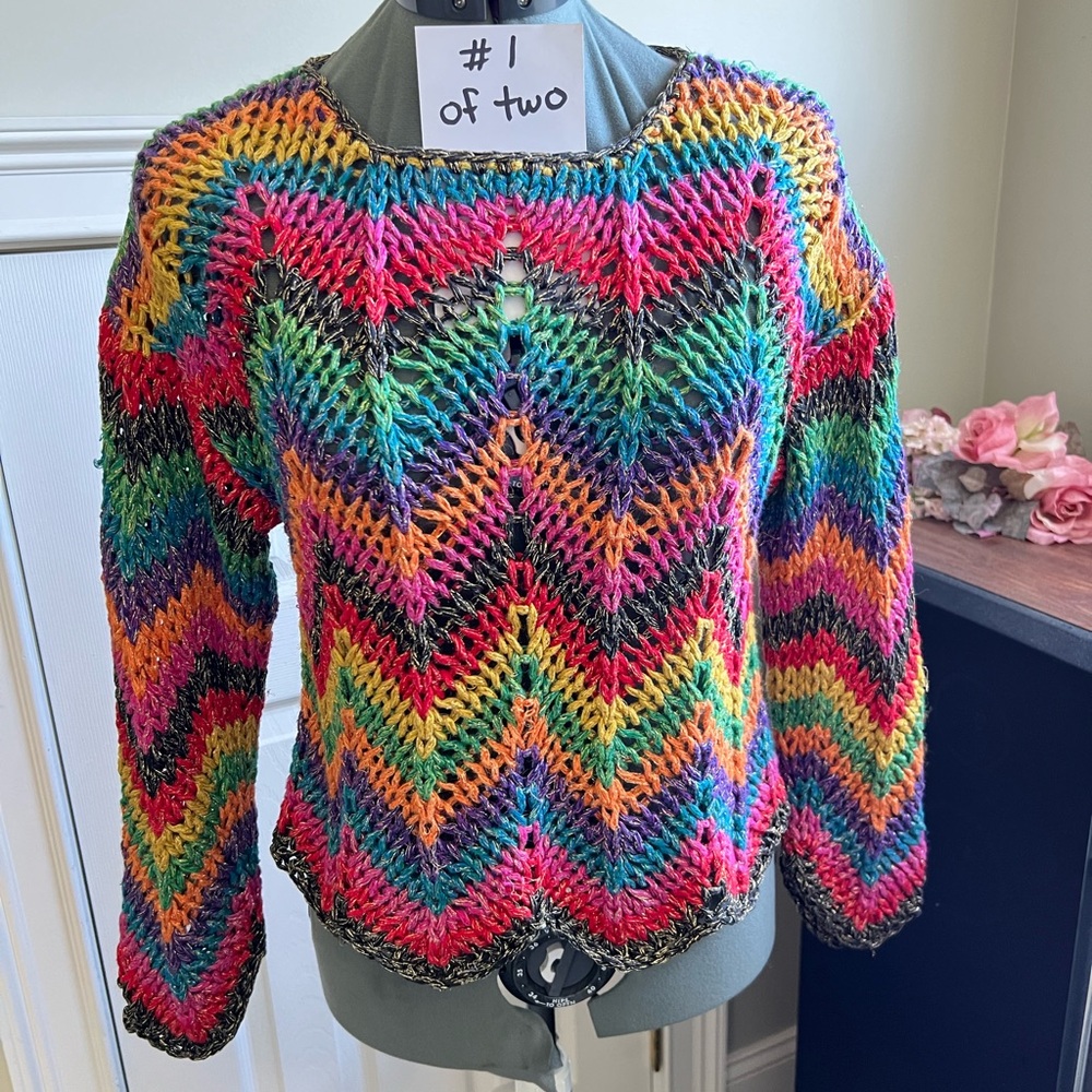 Michael Simon S M L OS Open Crochet Chevron Sweater